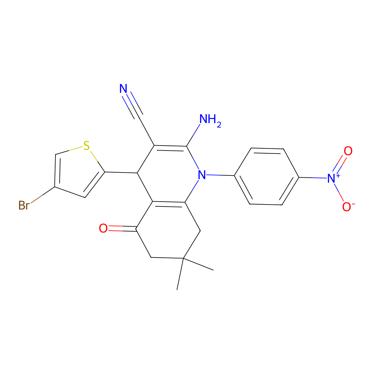 2-Amino-4-(4-bromo-2-thienyl)-7,7-dimethyl-1-(4-nitrophenyl)-5-oxo-1,4,5,6,7,8-hexahydro-3-quinolinecarbonitrile molecular structure, CAS 311323-38-3