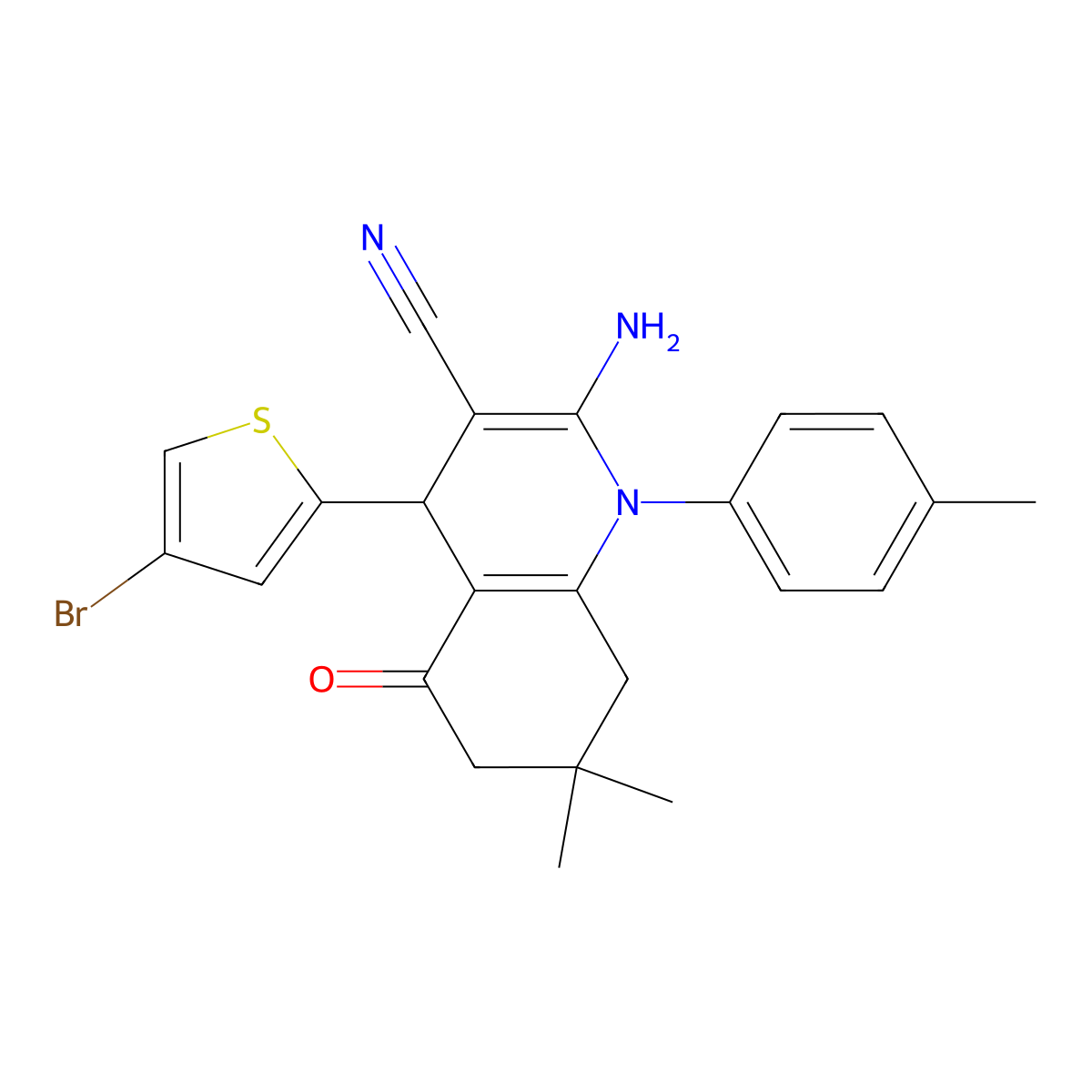 2-Amino-4-(4-bromo-2-thienyl)-7,7-dimethyl-1-(4-methylphenyl)-5-oxo-1,4,5,6,7,8-hexahydro-3-quinolinecarbonitrile molecular structure, CAS 311323-39-4
