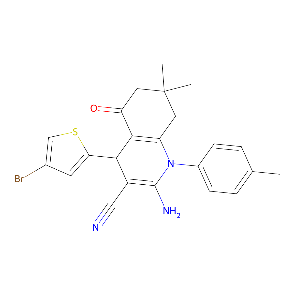 2-Amino-4-(4-bromo-2-thienyl)-7,7-dimethyl-1-(4-methylphenyl)-5-oxo-1,4,5,6,7,8-hexahydro-3-quinolinecarbonitrile molecular structure, CAS 311323-39-4