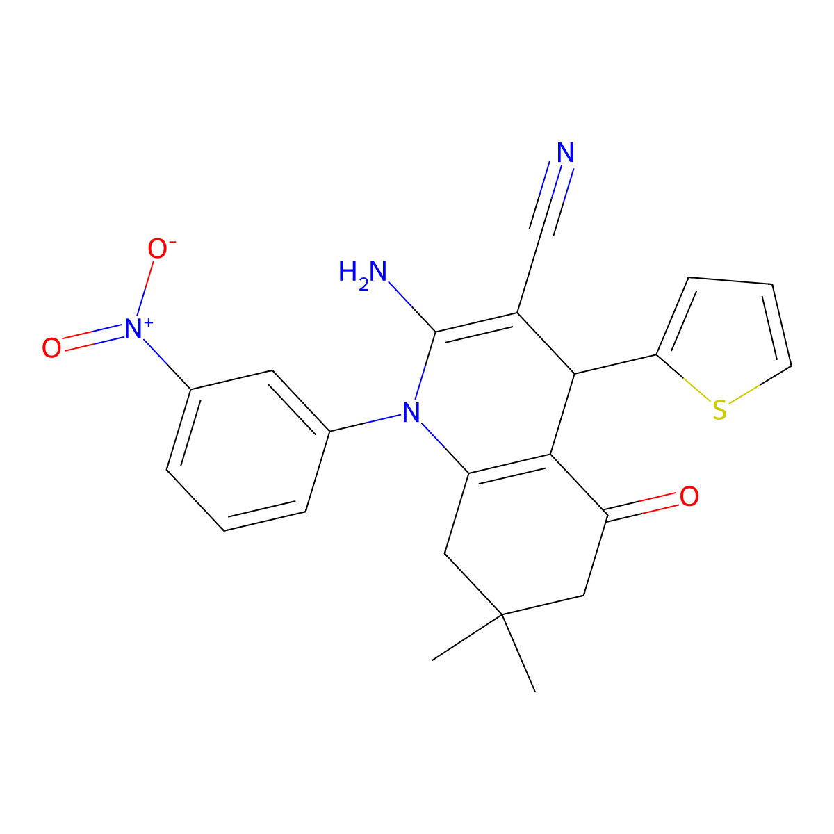 2-Amino-7,7-dimethyl-1-(3-nitrophenyl)-5-oxo-4-(2-thienyl)-1,4,5,6,7,8-hexahydro-3-quinolinecarbonitrile molecular structure, CAS 311323-43-0