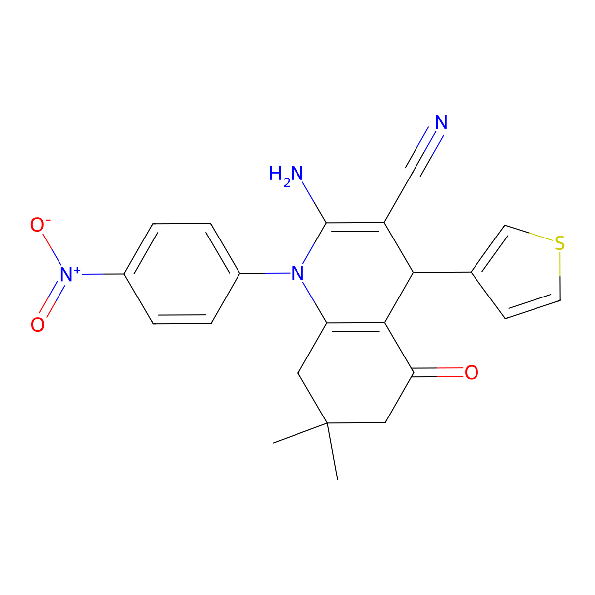 2-Amino-7,7-dimethyl-1-(4-nitrophenyl)-5-oxo-4-(3-thienyl)-1,4,5,6,7,8-hexahydro-3-quinolinecarbonitrile molecular structure, CAS 311323-44-1