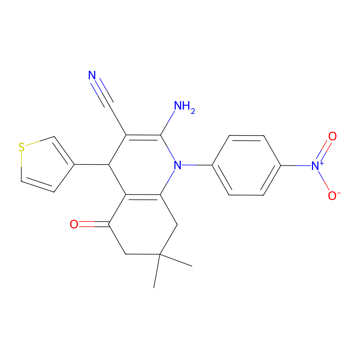2-Amino-7,7-dimethyl-1-(4-nitrophenyl)-5-oxo-4-(3-thienyl)-1,4,5,6,7,8-hexahydro-3-quinolinecarbonitrile molecular structure, CAS 311323-44-1