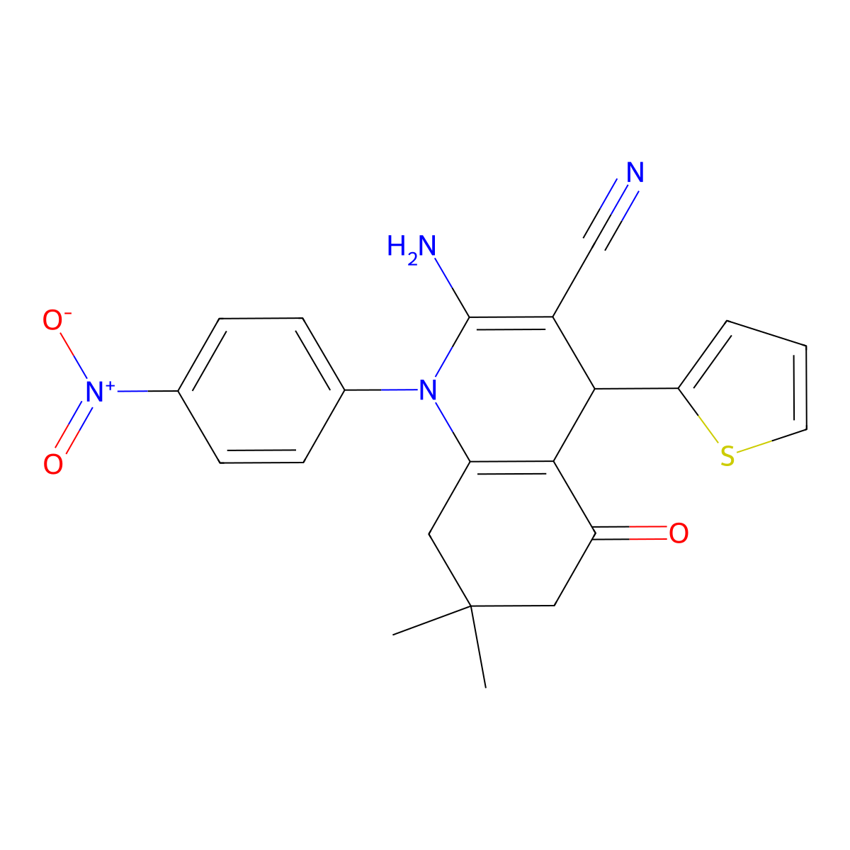 2-Amino-7,7-dimethyl-1-(4-nitrophenyl)-5-oxo-4-(thiophen-2-yl)-1,4,5,6,7,8-hexahydroquinoline-3-carbonitrile molecular structure, CAS 311323-68-9