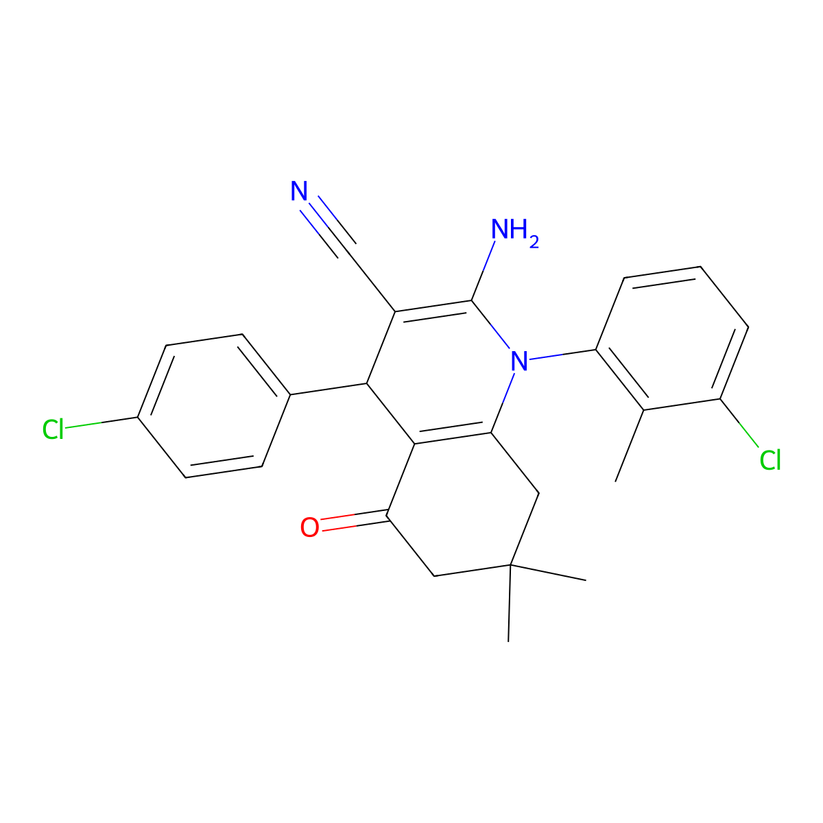 2-Amino-1-(3-chloro-2-methylphenyl)-4-(4-chlorophenyl)-7,7-dimethyl-5-oxo-1,4,5,6,7,8-hexahydro-3-quinolinecarbonitrile molecular structure, CAS 311324-57-9