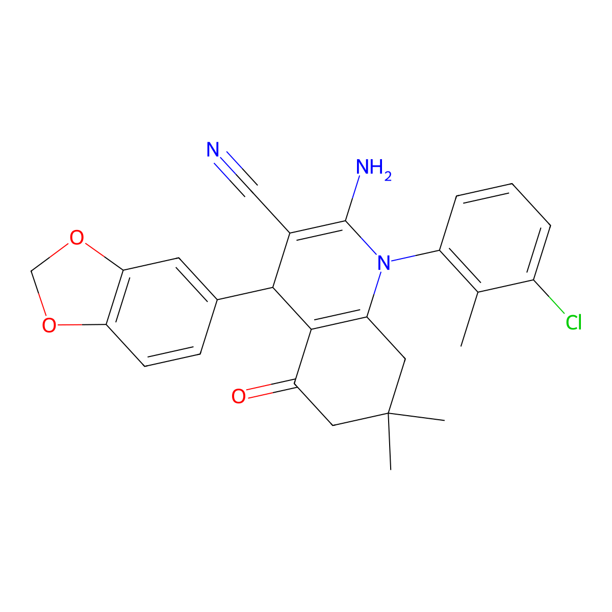 2-Amino-4-(1,3-benzodioxol-5-yl)-1-(3-chloro-2-methylphenyl)-7,7-dimethyl-5-oxo-1,4,5,6,7,8-hexahydro-3-quinolinecarbonitrile molecular structure, CAS 311324-61-5