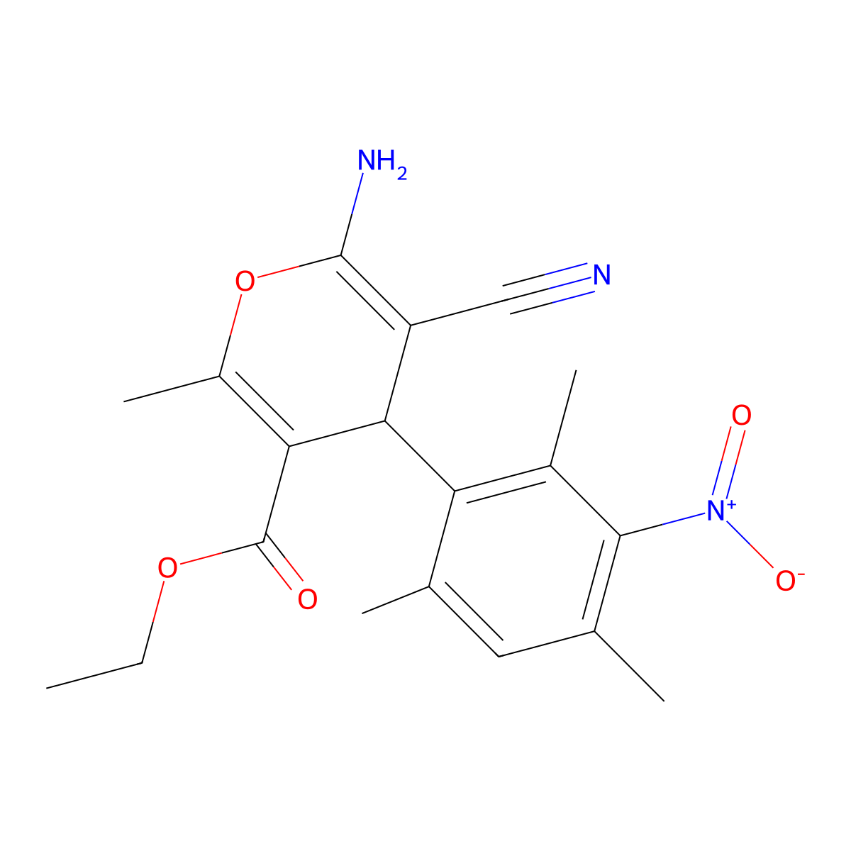 ethyl 6-amino-5-cyano-2-methyl-4-(2,4,6-trimethyl-3-nitrophenyl)-4H-pyran-3-carboxylate molecular structure, CAS 311324-72-8