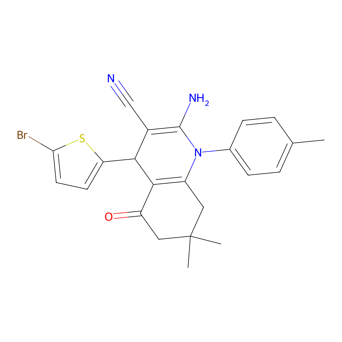 2-Amino-4-(5-bromo-2-thienyl)-7,7-dimethyl-1-(4-methylphenyl)-5-oxo-1,4,5,6,7,8-hexahydro-3-quinolinecarbonitrile molecular structure, CAS 311325-89-0