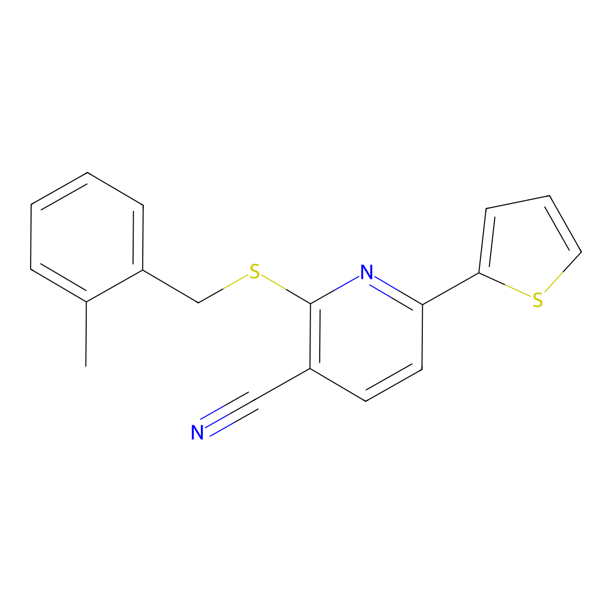 2-[(2-Methylphenyl)methylsulfanyl]-6-thiophen-2-ylpyridine-3-carbonitrile molecular structure, CAS 311326-30-4