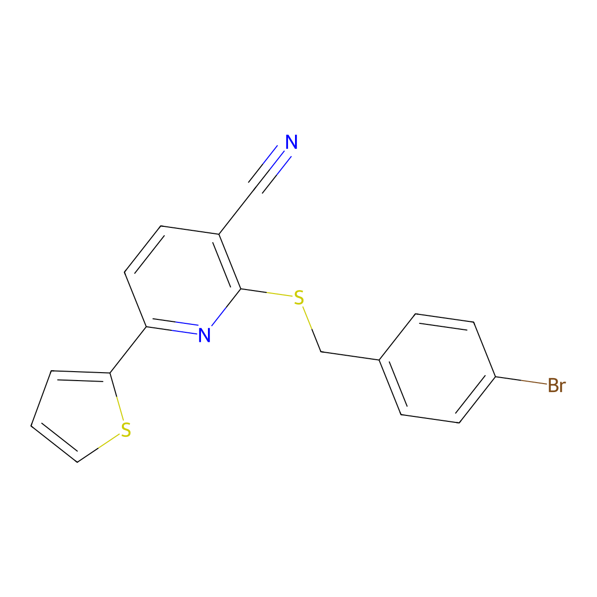 2-[(4-Bromophenyl)methylsulfanyl]-6-thiophen-2-ylpyridine-3-carbonitrile molecular structure, CAS 311326-33-7