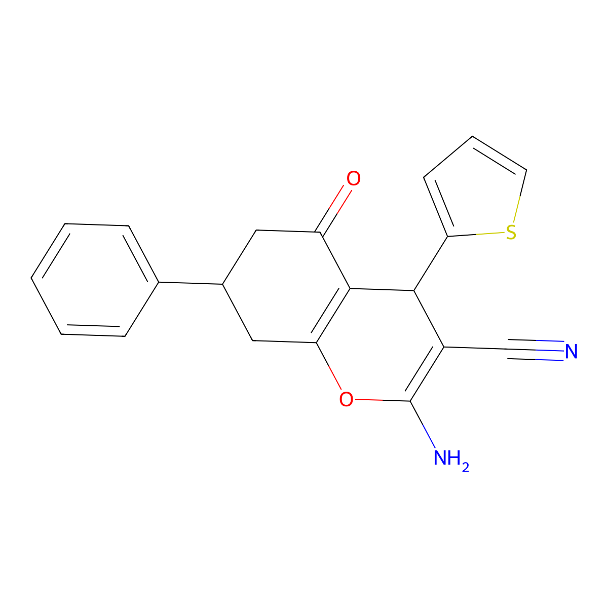 2-amino-5-oxo-7-phenyl-4-(thiophen-2-yl)-5,6,7,8-tetrahydro-4H-chromene-3-carbonitrile molecular structure, CAS 311326-51-9