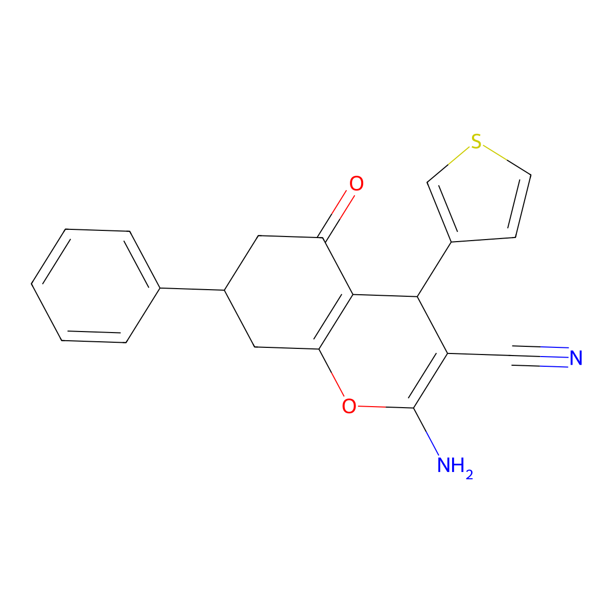 2-Amino-5-oxo-7-phenyl-4-thiophen-3-yl-4,6,7,8-tetrahydrochromene-3-carbonitrile molecular structure, CAS 311326-52-0