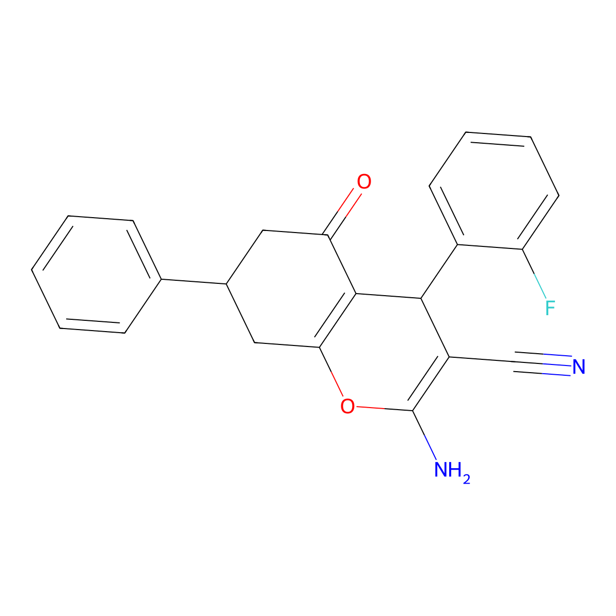 2-Amino-4-(2-fluorophenyl)-5-oxo-7-phenyl-4,6,7,8-tetrahydrochromene-3-carbonitrile molecular structure, CAS 311326-53-1