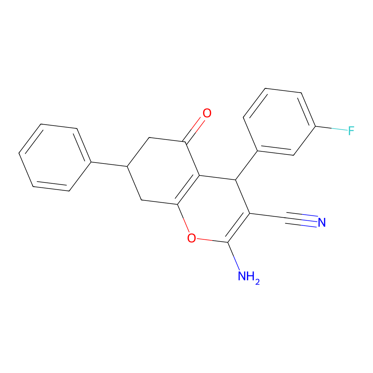 2-amino-4-(3-fluorophenyl)-5-oxo-7-phenyl-5,6,7,8-tetrahydro-4H-chromene-3-carbonitrile molecular structure, CAS 311326-55-3