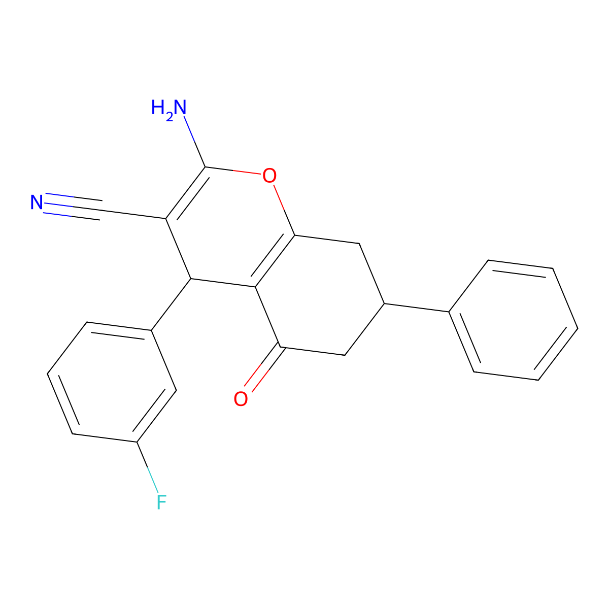 2-amino-4-(3-fluorophenyl)-5-oxo-7-phenyl-5,6,7,8-tetrahydro-4H-chromene-3-carbonitrile molecular structure, CAS 311326-55-3