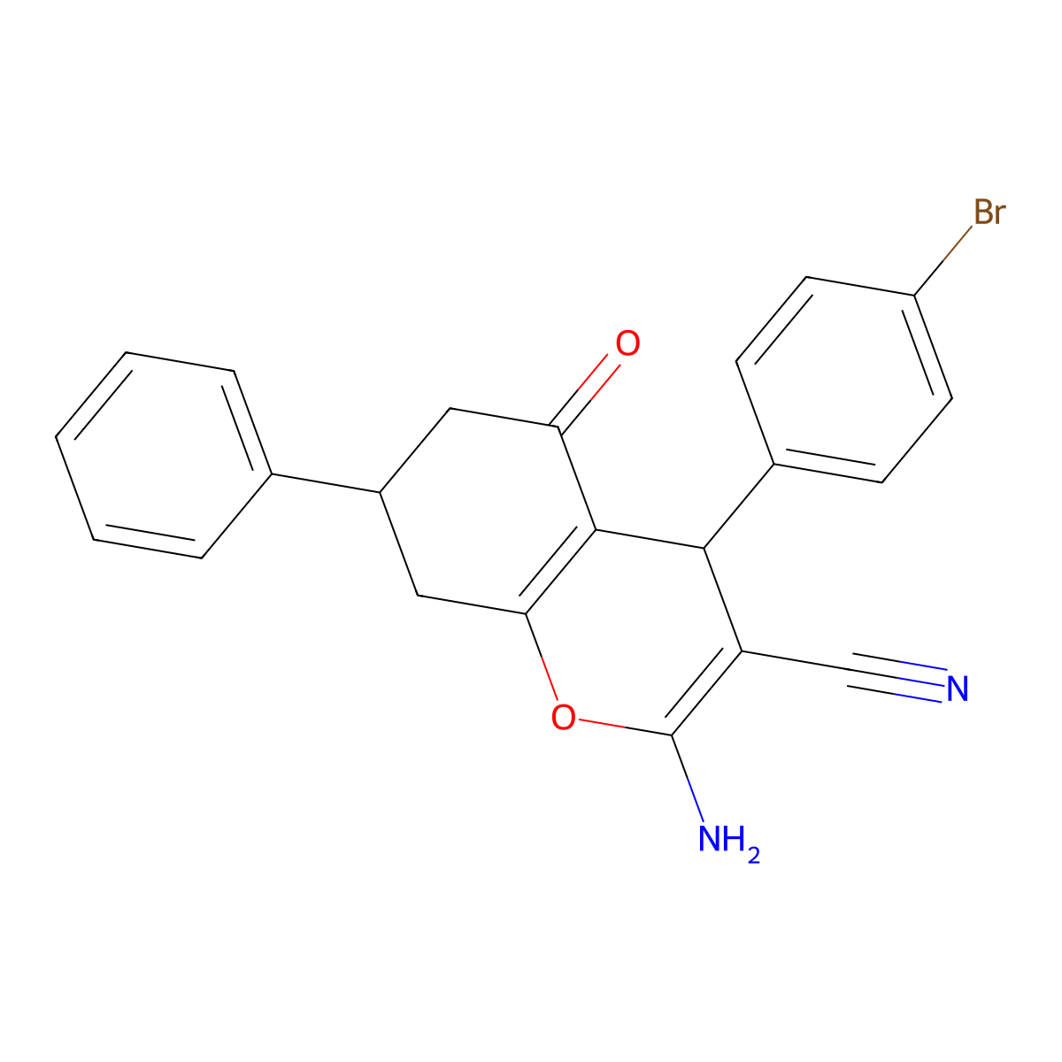 2-amino-4-(4-bromophenyl)-5-oxo-7-phenyl-5,6,7,8-tetrahydro-4H-chromene-3-carbonitrile molecular structure, CAS 311326-57-5