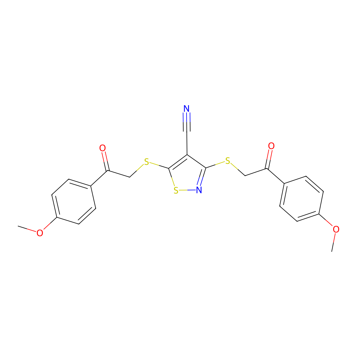 3,5-Bis[[2-(4-methoxyphenyl)-2-oxoethyl]sulfanyl]-1,2-thiazole-4-carbonitrile molecular structure, CAS 311326-66-6