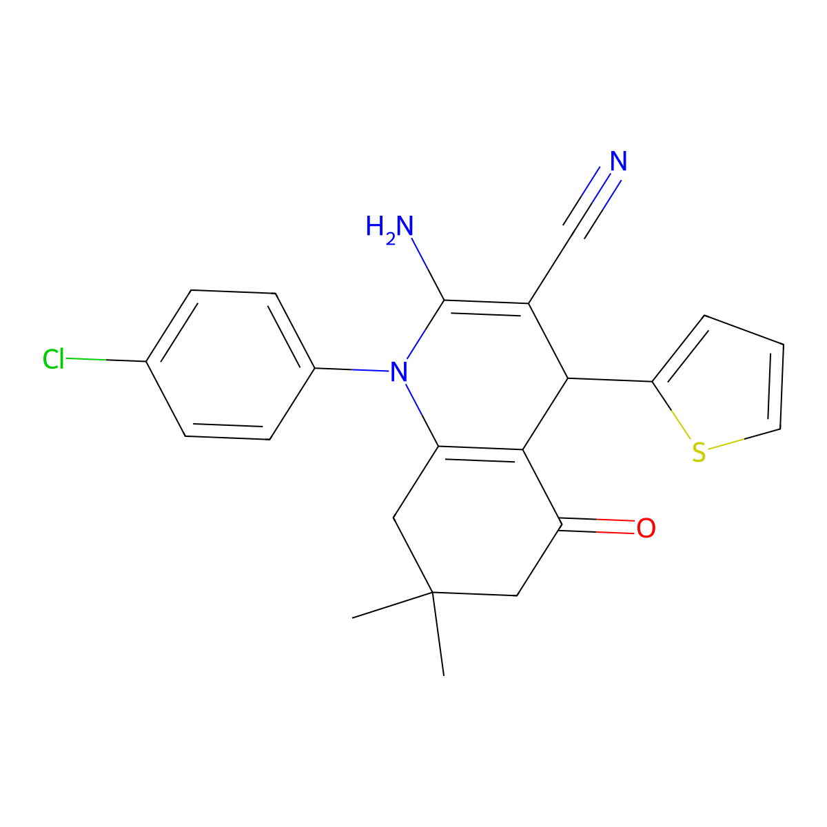 2-Amino-1-(4-chlorophenyl)-7,7-dimethyl-5-oxo-4-(2-thienyl)-1,4,5,6,7,8-hexahydro-3-quinolinecarbonitrile molecular structure, CAS 311327-30-7