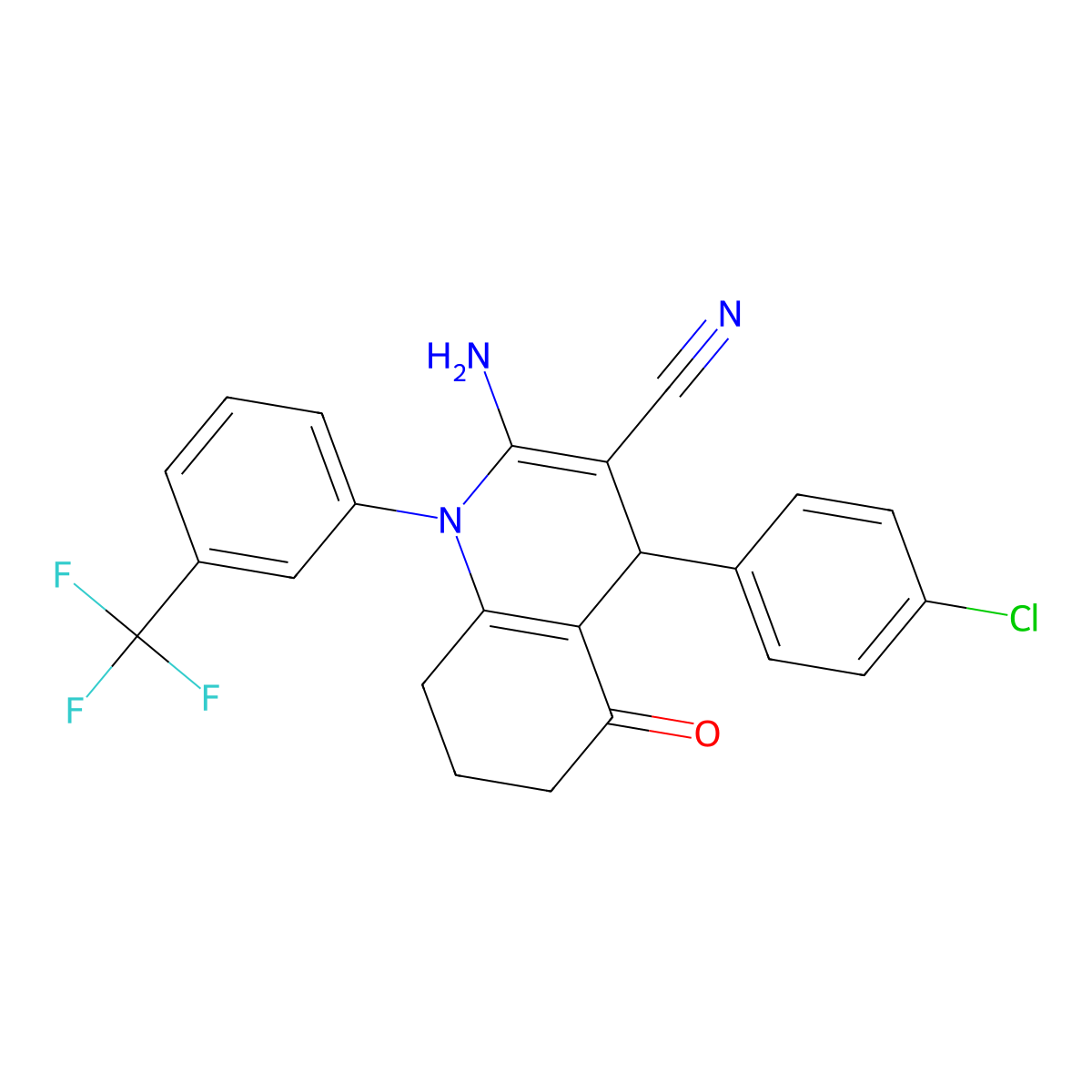 2-Amino-4-(4-chlorophenyl)-5-oxo-1-(3-(trifluoromethyl)phenyl)-1,4,5,6,7,8-hexahydro-3-quinolinecarbonitrile molecular structure, CAS 311327-33-0