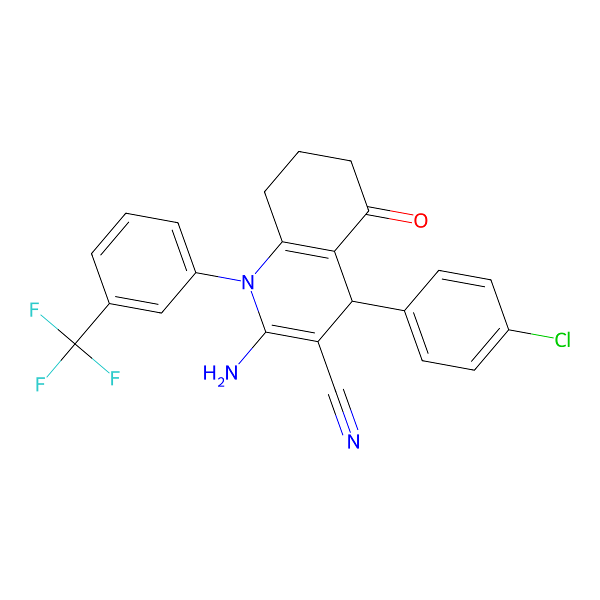 2-Amino-4-(4-chlorophenyl)-5-oxo-1-(3-(trifluoromethyl)phenyl)-1,4,5,6,7,8-hexahydro-3-quinolinecarbonitrile molecular structure, CAS 311327-33-0