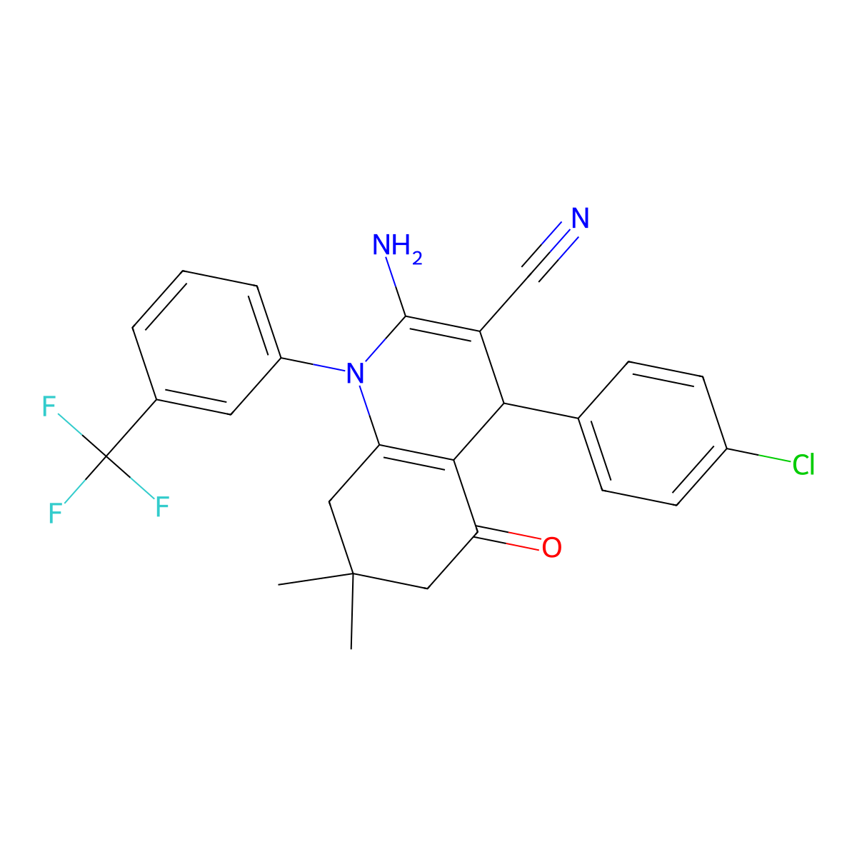 2-Amino-4-(4-chlorophenyl)-7,7-dimethyl-5-oxo-1-[3-(trifluoromethyl)phenyl]-1,4,5,6,7,8-hexahydro-3-quinolinecarbonitrile molecular structure, CAS 311328-59-3