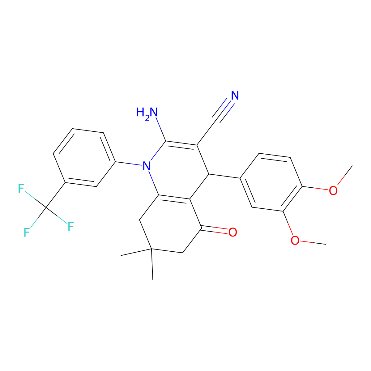 2-Amino-4-(3,4-dimethoxyphenyl)-7,7-dimethyl-5-oxo-1-[3-(trifluoromethyl)phenyl]-1,4,5,6,7,8-hexahydro-3-quinolinecarbonitrile molecular structure, CAS 311328-69-5