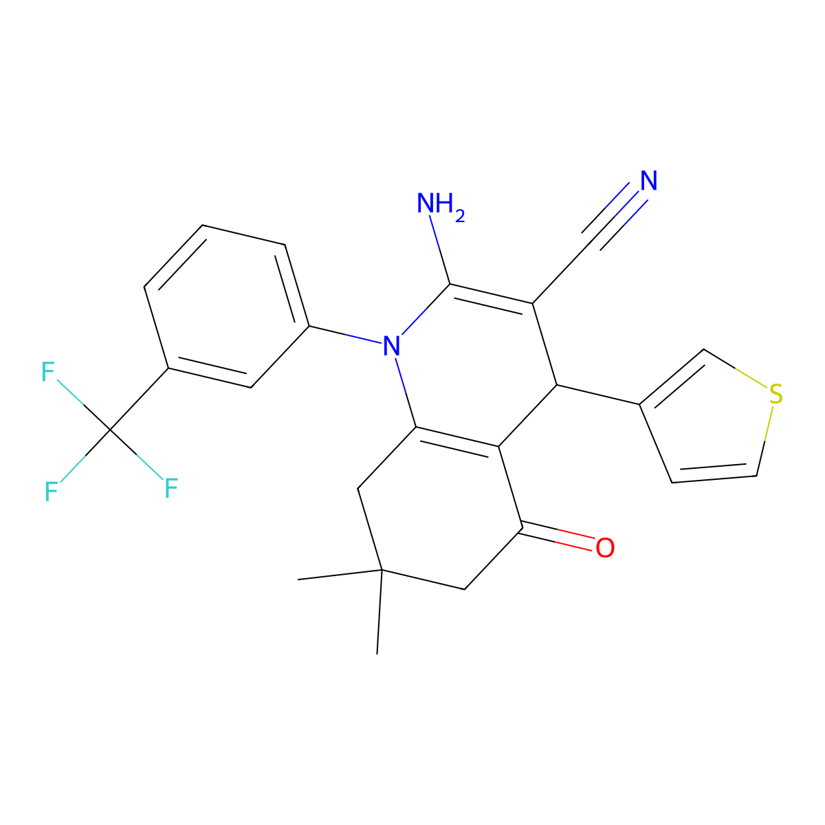 2-Amino-7,7-dimethyl-5-oxo-4-(3-thienyl)-1-[3-(trifluoromethyl)phenyl]-1,4,5,6,7,8-hexahydro-3-quinolinecarbonitrile molecular structure, CAS 311328-71-9