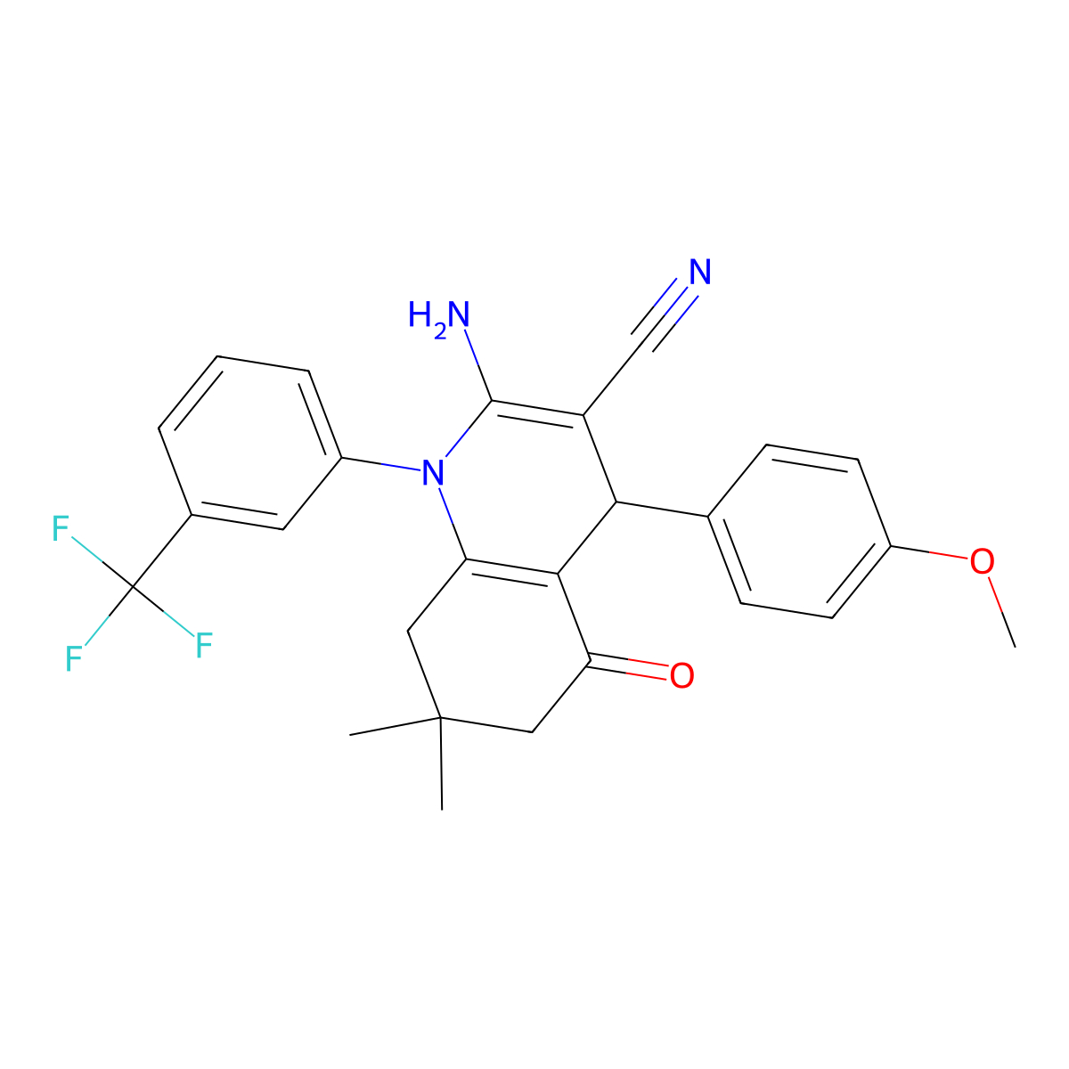2-Amino-4-(4-methoxyphenyl)-7,7-dimethyl-5-oxo-1-[3-(trifluoromethyl)phenyl]-1,4,5,6,7,8-hexahydro-3-quinolinecarbonitrile molecular structure, CAS 311328-72-0