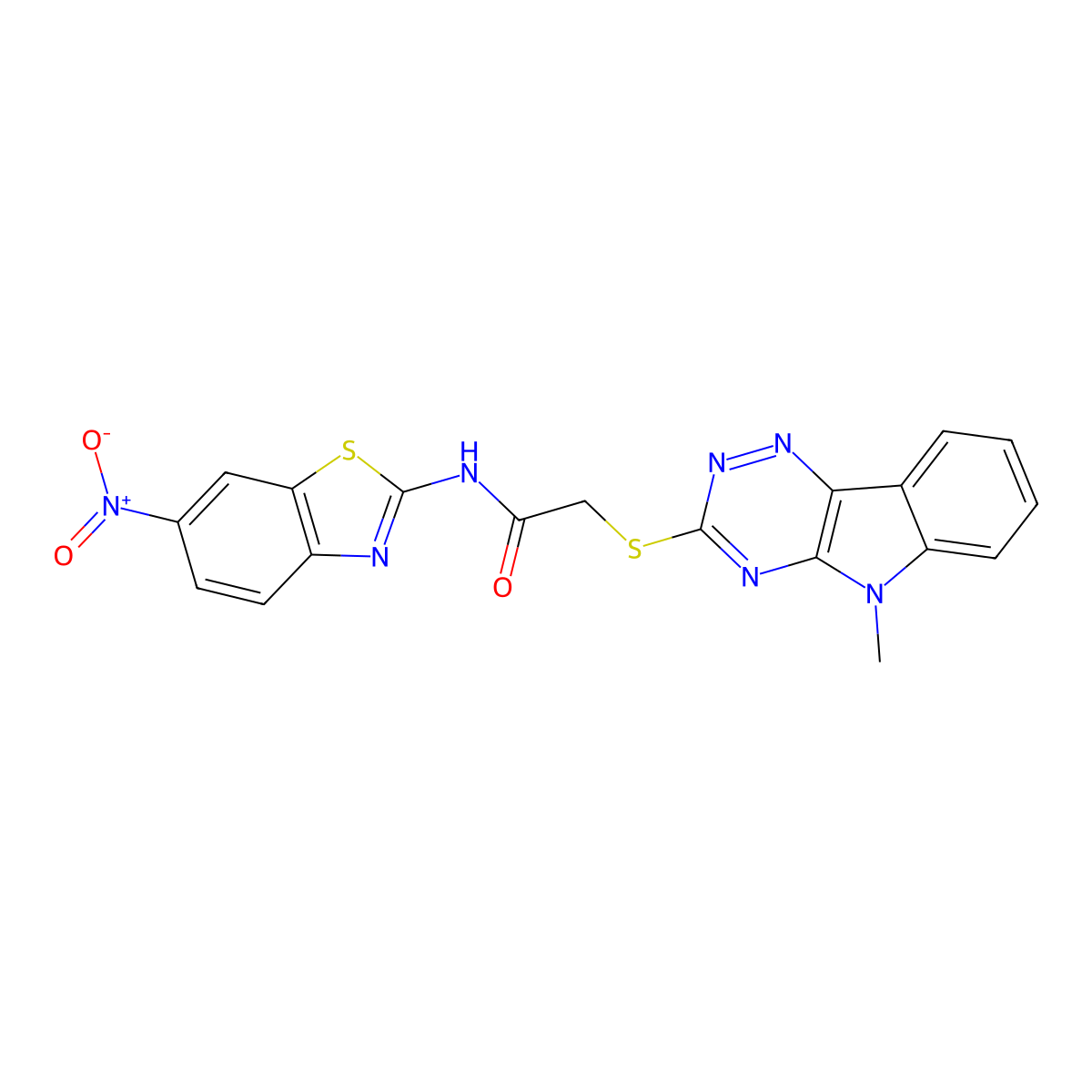 2-[(5-methyl-[1,2,4]triazino[5,6-b]indol-3-yl)sulfanyl]-N-(6-nitro-1,3-benzothiazol-2-yl)acetamide molecular structure, CAS 311329-77-8