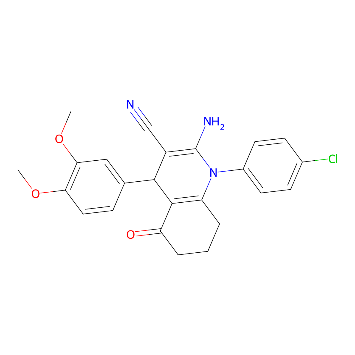 2-Amino-1-(4-chlorophenyl)-4-(3,4-dimethoxyphenyl)-5-oxo-1,4,5,6,7,8-hexahydro-3-quinolinecarbonitrile molecular structure, CAS 311330-82-2