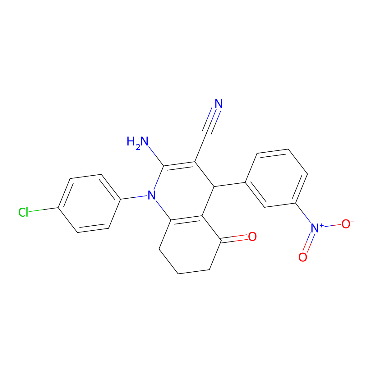 2-Amino-1-(4-chlorophenyl)-4-(3-nitrophenyl)-5-oxo-1,4,5,6,7,8-hexahydro-3-quinolinecarbonitrile molecular structure, CAS 311331-21-2