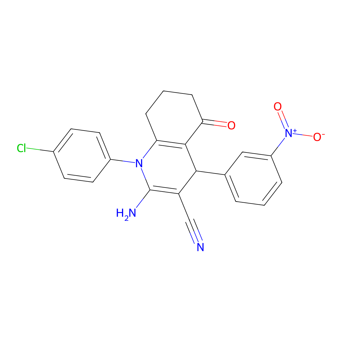 2-Amino-1-(4-chlorophenyl)-4-(3-nitrophenyl)-5-oxo-1,4,5,6,7,8-hexahydro-3-quinolinecarbonitrile molecular structure, CAS 311331-21-2