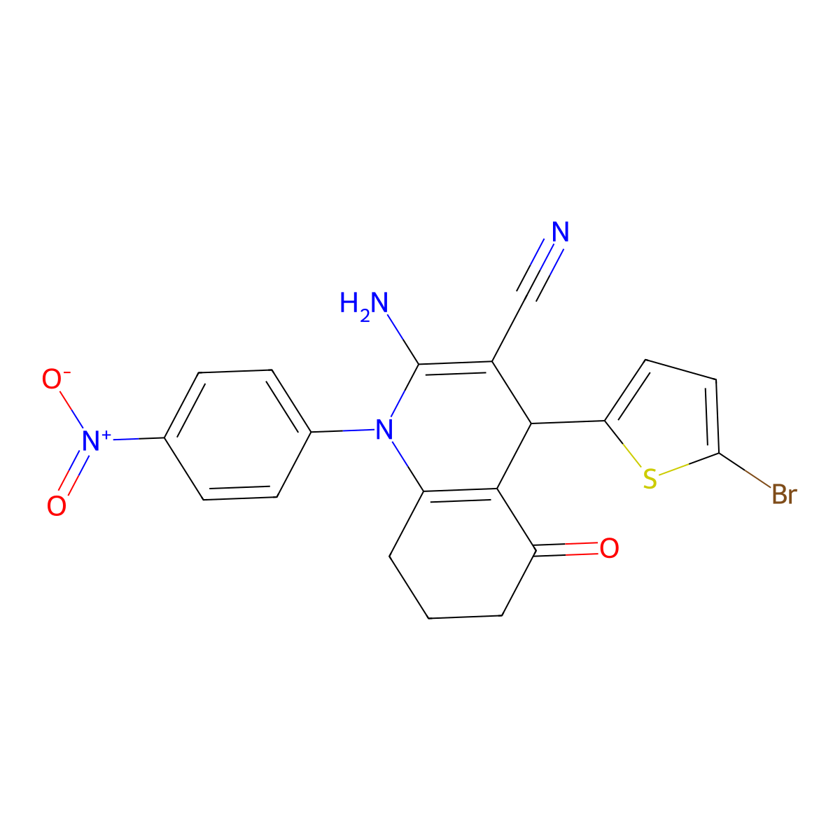 2-Amino-4-(5-bromo-2-thienyl)-1-(4-nitrophenyl)-5-oxo-1,4,5,6,7,8-hexahydro-3-quinolinecarbonitrile molecular structure, CAS 311331-23-4