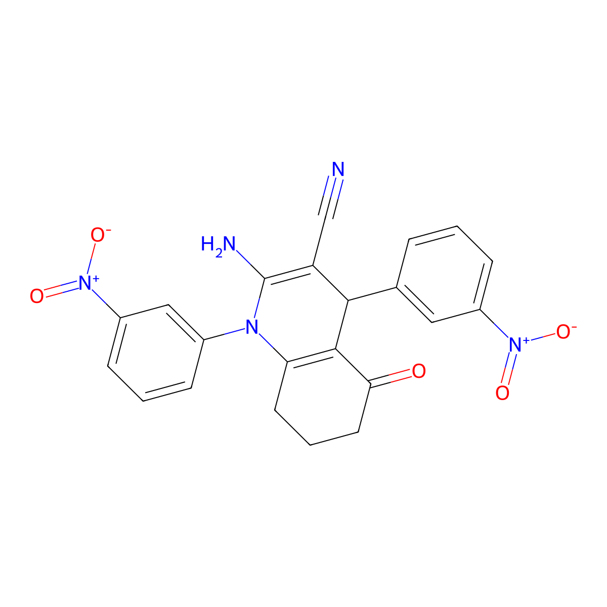 2-Amino-1,4-bis(3-nitro-PH)-5-oxo-1,4,5,6,7,8-hexahydro-3-quinolinecarbonitrile molecular structure, CAS 311332-78-2