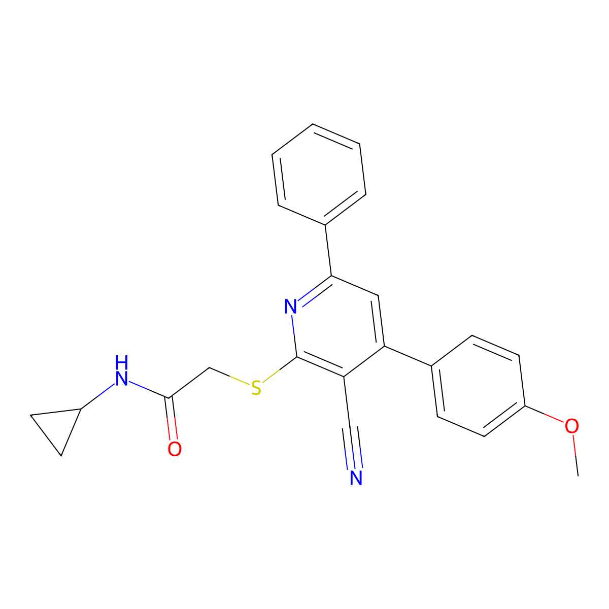 2-[3-cyano-4-(4-methoxyphenyl)-6-phenylpyridin-2-yl]sulfanyl-N-cyclopropylacetamide molecular structure, CAS 311333-09-2