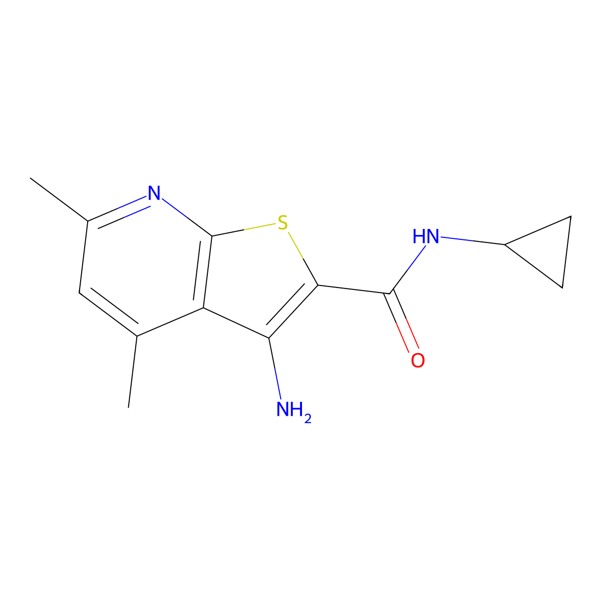 3-amino-N-cyclopropyl-4,6-dimethylthieno[2,3-b]pyridine-2-carboxamide molecular structure, CAS 311333-11-6
