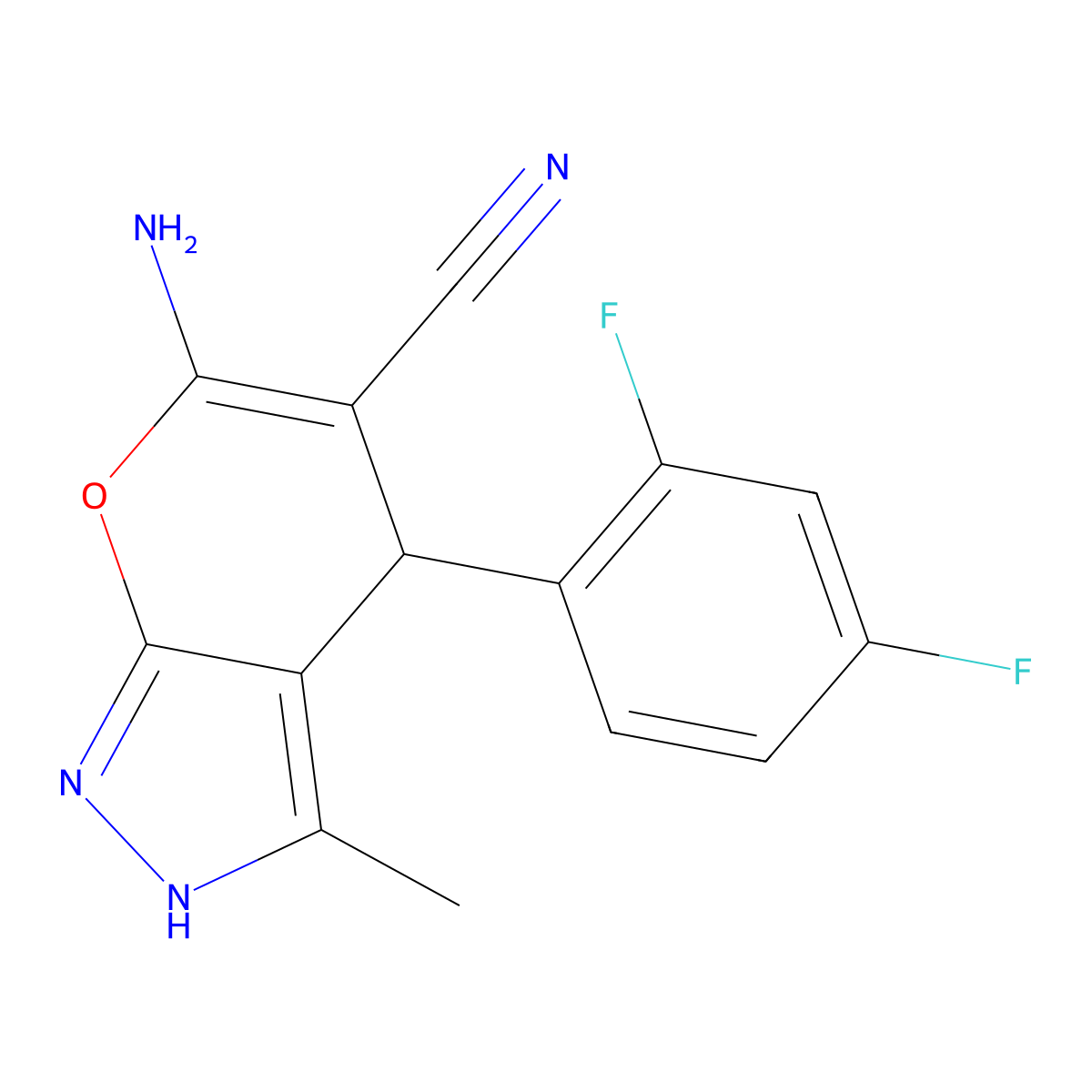 6-Amino-4-(2,4-difluorophenyl)-3-methyl-2,4-dihydropyrano[2,3-c]pyrazole-5-carbonitrile molecular structure, CAS 311333-33-2