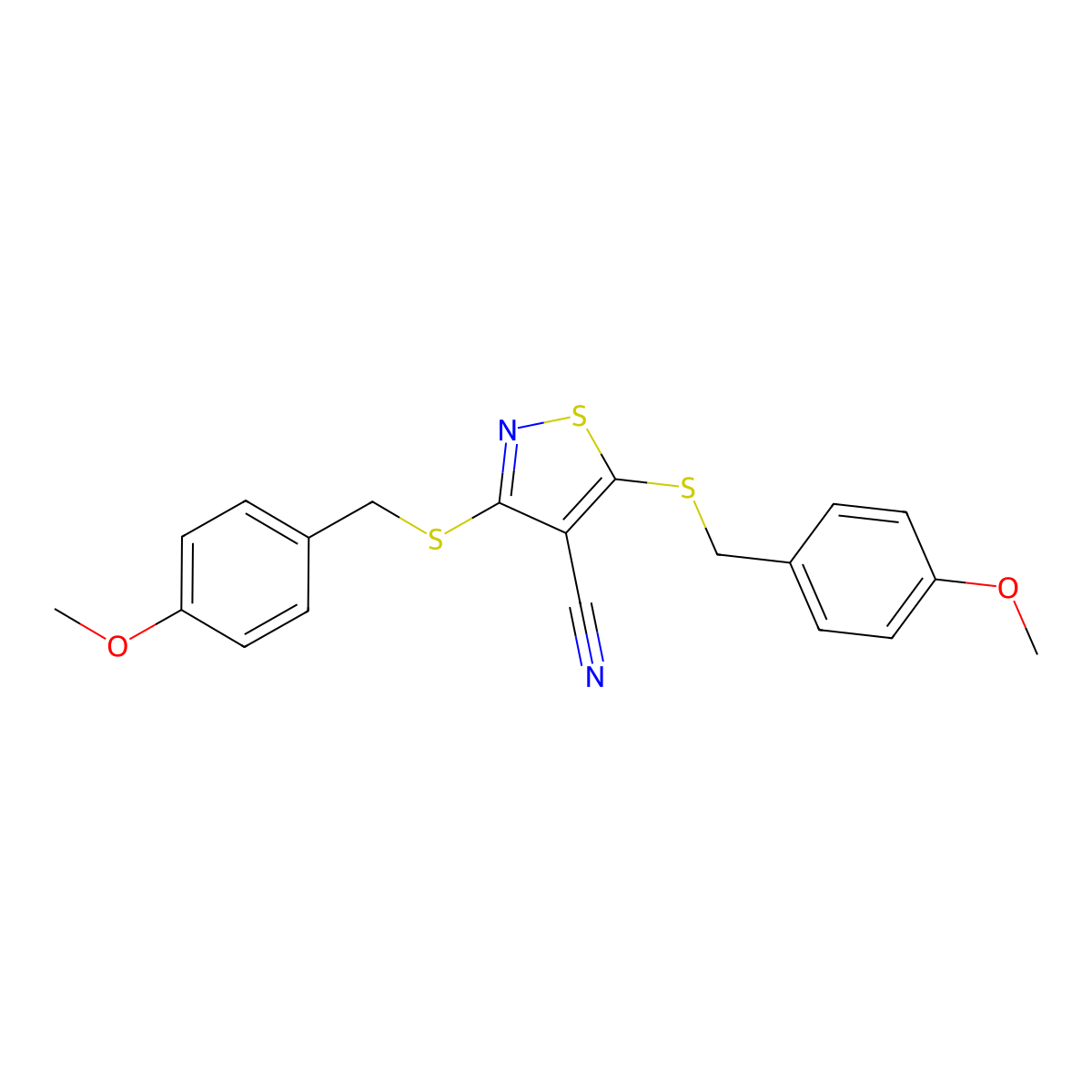 3,5-Bis[(4-methoxyphenyl)methylsulfanyl]-1,2-thiazole-4-carbonitrile molecular structure, CAS 311333-57-0