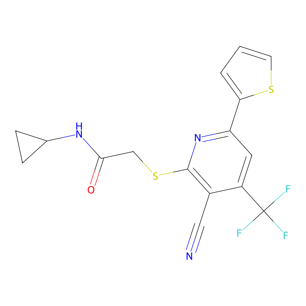 2-[3-cyano-6-thiophen-2-yl-4-(trifluoromethyl)pyridin-2-yl]sulfanyl-N-cyclopropylacetamide molecular structure, CAS 311333-62-7