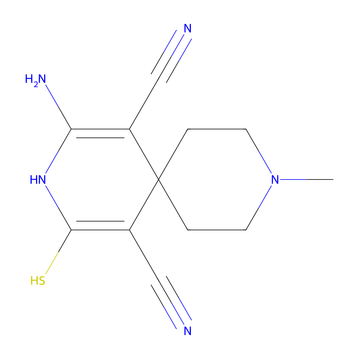 2-Amino-4-mercapto-9-methyl-3,9-diazaspiro[5.5]undeca-1,4-diene-1,5-dicarbonitrile molecular structure, CAS 311333-67-2