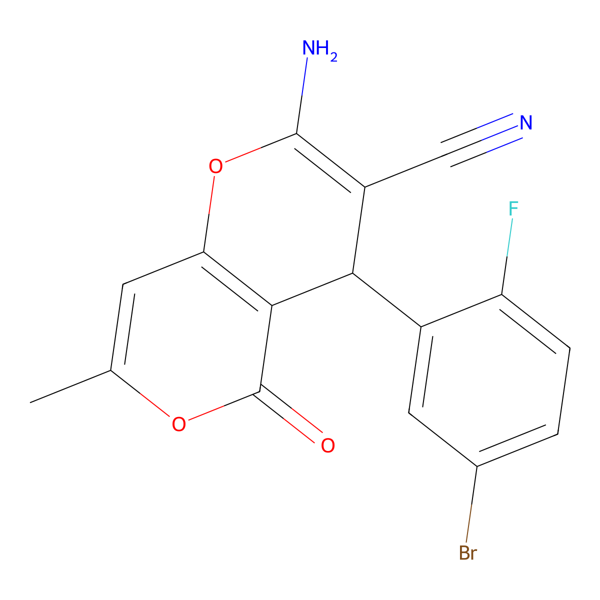 2-amino-4-(5-bromo-2-fluorophenyl)-7-methyl-5-oxo-4H,5H-pyrano[4,3-b]pyran-3-carbonitrile molecular structure, CAS 311333-68-3