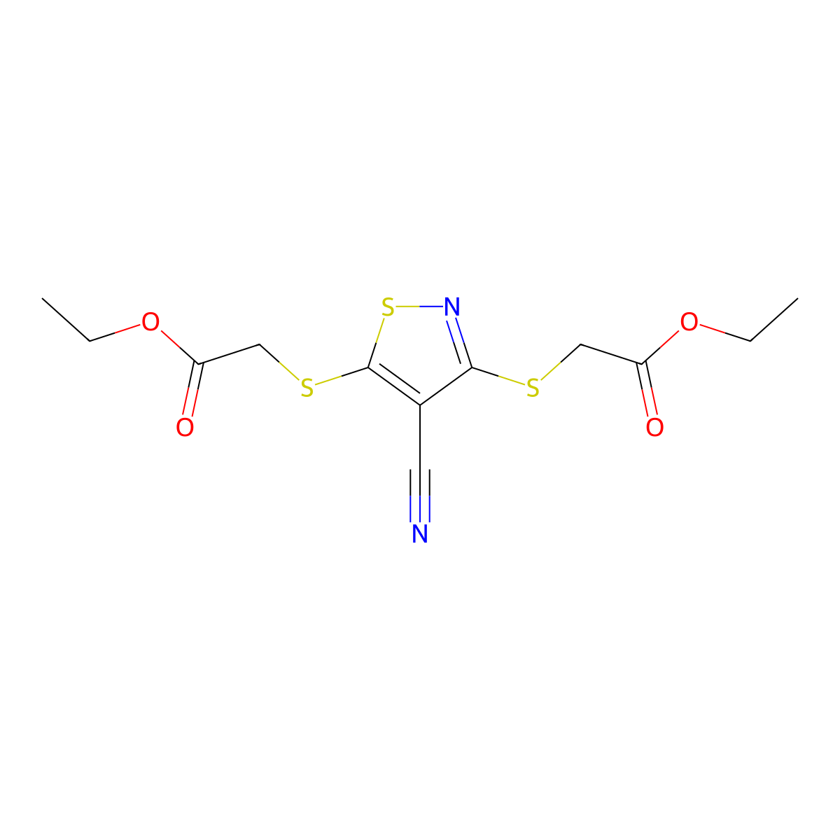 Ethyl ((4-cyano-3-((2-ethoxy-2-oxoethyl)thio)-5-isothiazolyl)thio)acetate molecular structure, CAS 311333-74-1
