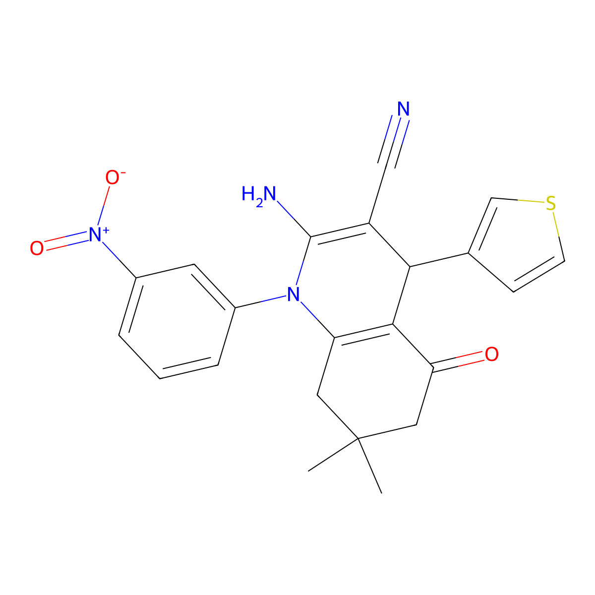 2-Amino-7,7-dimethyl-1-(3-nitrophenyl)-5-oxo-4-(3-thienyl)-1,4,5,6,7,8-hexahydro-3-quinolinecarbonitrile molecular structure, CAS 311334-37-9