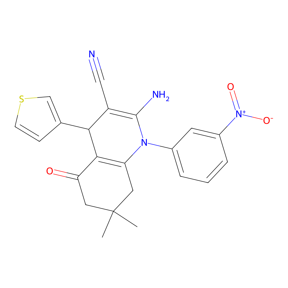 2-Amino-7,7-dimethyl-1-(3-nitrophenyl)-5-oxo-4-(3-thienyl)-1,4,5,6,7,8-hexahydro-3-quinolinecarbonitrile molecular structure, CAS 311334-37-9