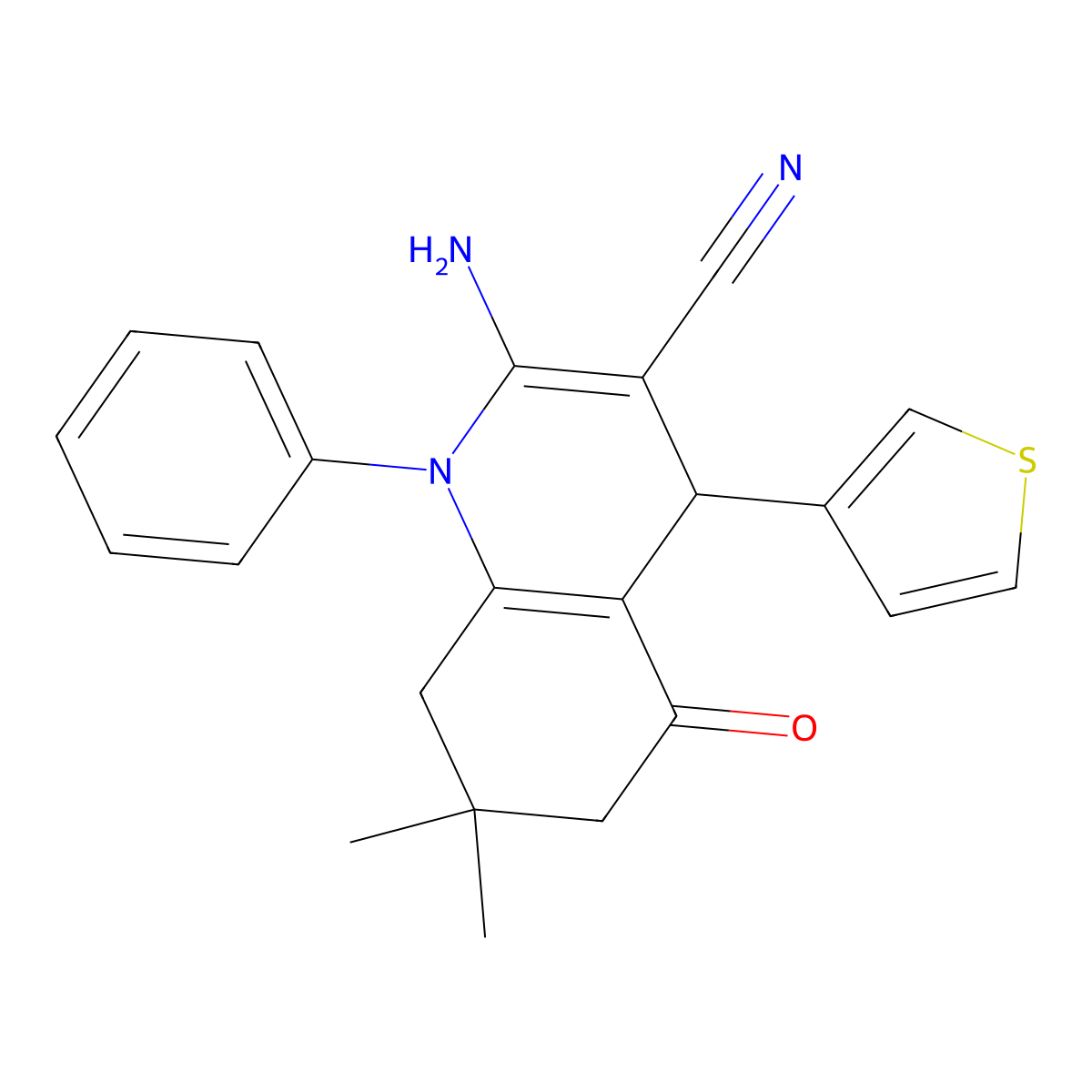 2-Amino-7,7-dimethyl-5-oxo-1-phenyl-4-(3-thienyl)-1,4,5,6,7,8-hexahydro-3-quinolinecarbonitrile molecular structure, CAS 311334-39-1