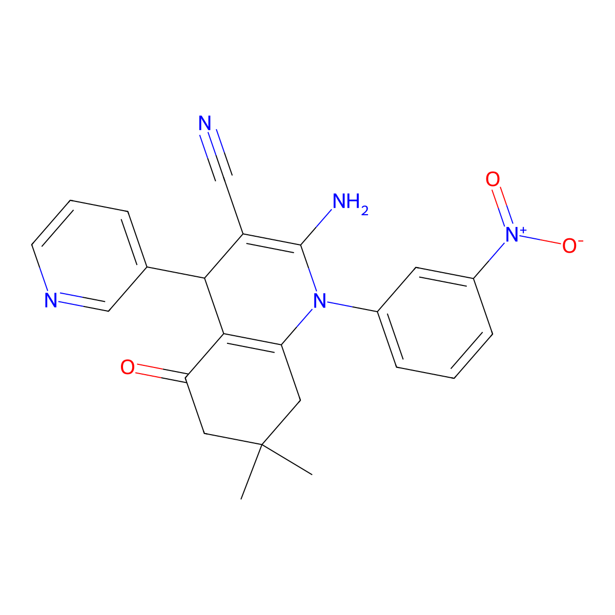 2-Amino-7,7-dimethyl-1-(3-nitrophenyl)-5-oxo-4-(3-pyridinyl)-1,4,5,6,7,8-hexahydro-3-quinolinecarbonitrile molecular structure, CAS 311334-40-4