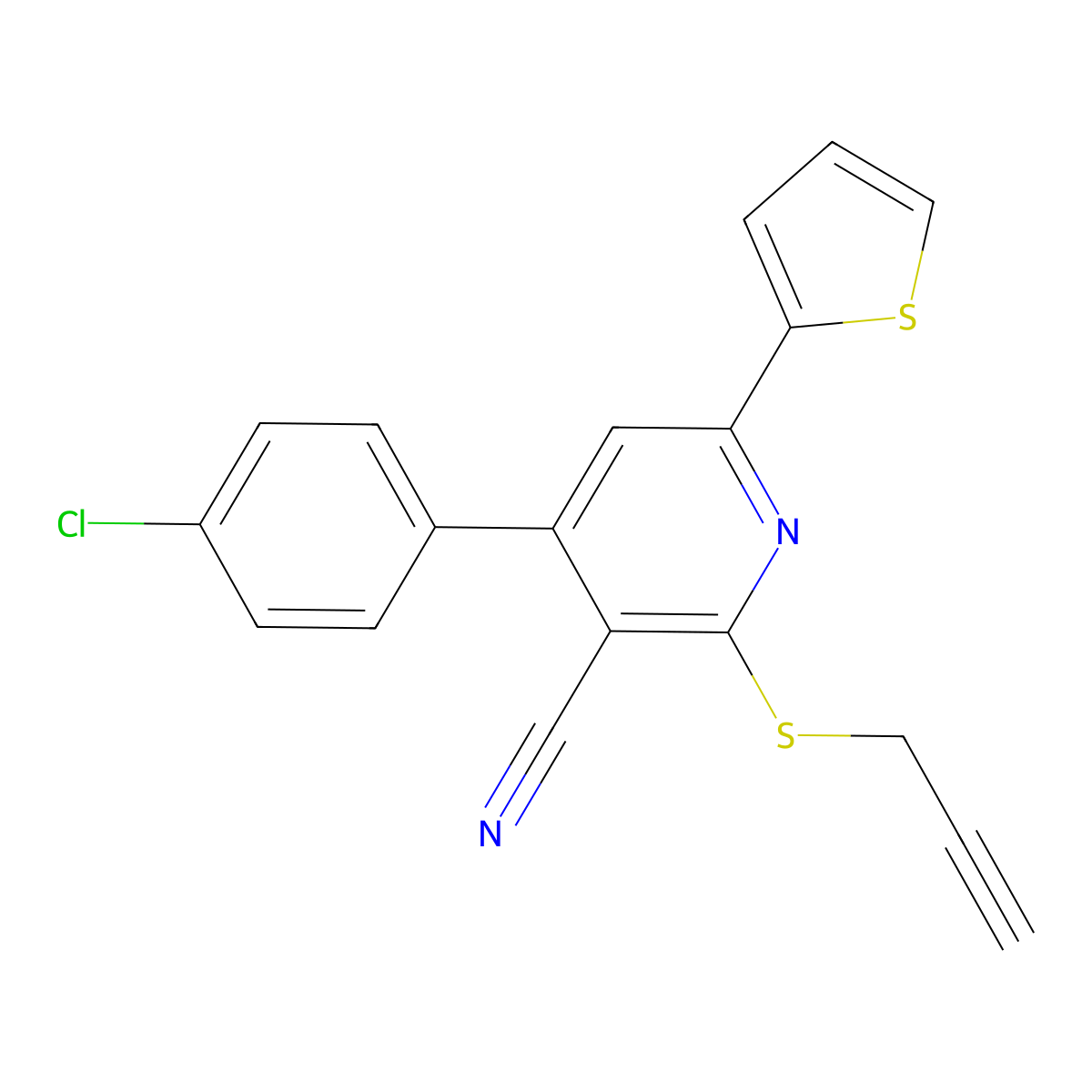 4-(4-Chlorophenyl)-2-prop-2-ynylsulfanyl-6-thiophen-2-ylpyridine-3-carbonitrile molecular structure, CAS 311763-11-8