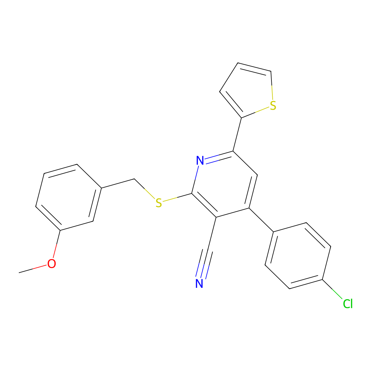 4-(4-Chlorophenyl)-2-[(3-methoxyphenyl)methylsulfanyl]-6-thiophen-2-ylpyridine-3-carbonitrile molecular structure, CAS 311763-15-2