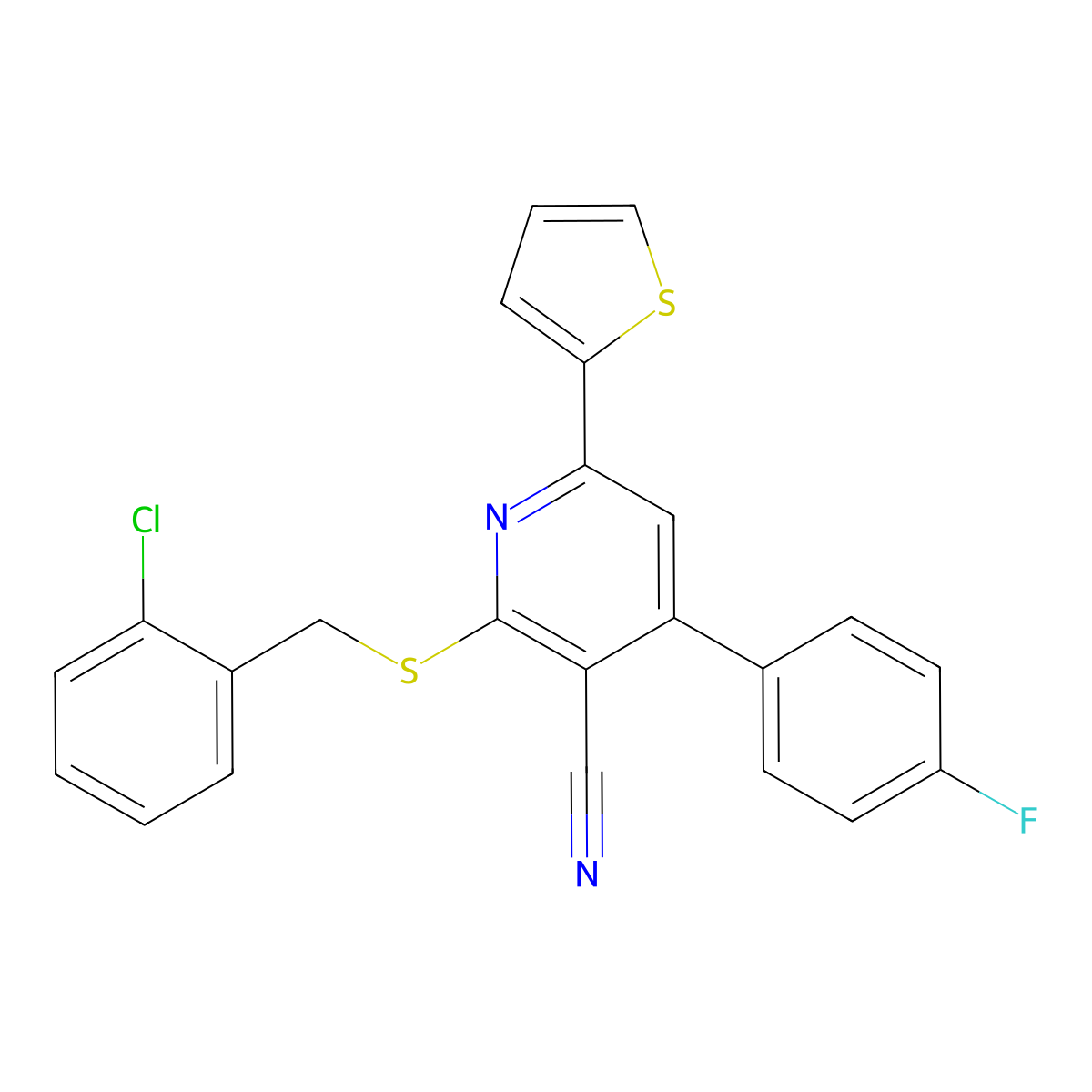 2-[(2-Chlorophenyl)methylsulfanyl]-4-(4-fluorophenyl)-6-thiophen-2-ylpyridine-3-carbonitrile molecular structure, CAS 311763-17-4