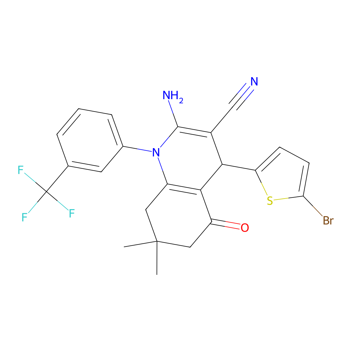 2-Amino-4-(5-bromo-2-thienyl)-7,7-dimethyl-5-oxo-1-[3-(trifluoromethyl)phenyl]-1,4,5,6,7,8-hexahydro-3-quinolinecarbonitrile molecular structure, CAS 311765-27-2
