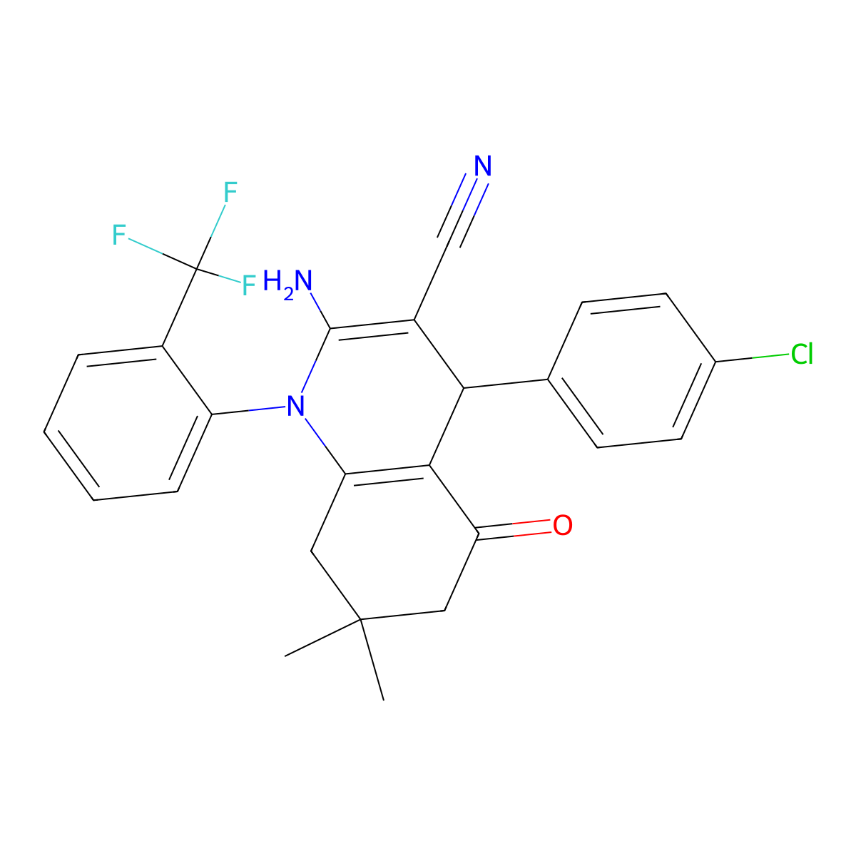 2-Amino-4-(4-chlorophenyl)-7,7-dimethyl-5-oxo-1-[2-(trifluoromethyl)phenyl]-1,4,5,6,7,8-hexahydro-3-quinolinecarbonitrile molecular structure, CAS 311767-29-0